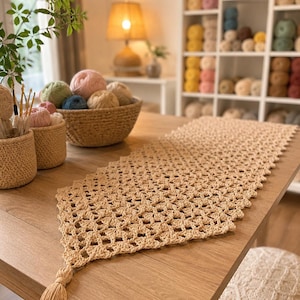 Recznie wykonany bawelniany bieznik szydelkowy | Boho farmhouse rustykalny dekor