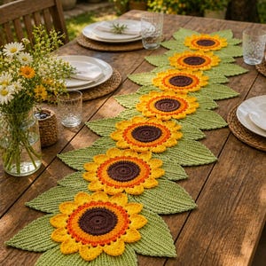 May include: A long, decorative table runner featuring a series of crocheted sunflowers with dark brown centres, orange inner petals, and bright yellow outer petals, surrounded by textured, light green crocheted leaves arranged in a repeating pattern.