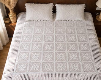 Handmade White Wool Crochet Bedspread | Boho Lace Bedding, Farmhouse Vintage Style