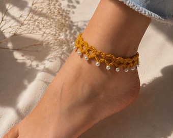 Handmade Crochet Anklet with Charms | Boho Cotton Thread Foot Jewelry