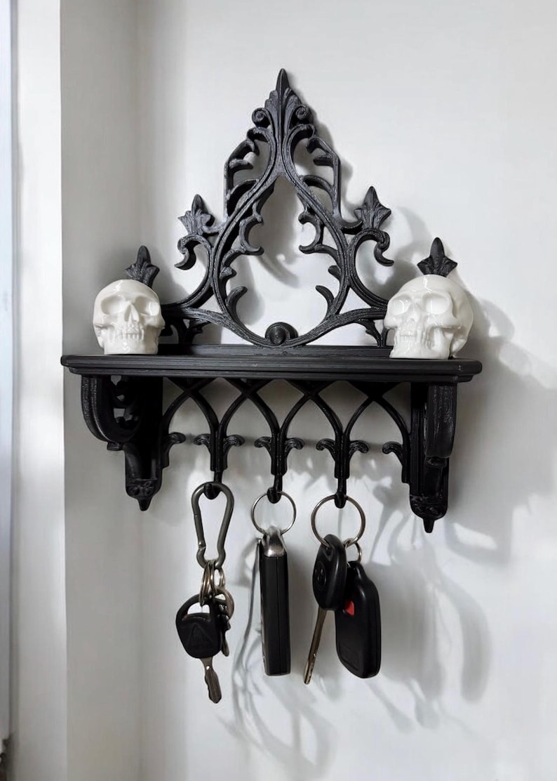 Gothic Wall Shelf With Hooks β Matte Black Entryway Organizer β Key ...