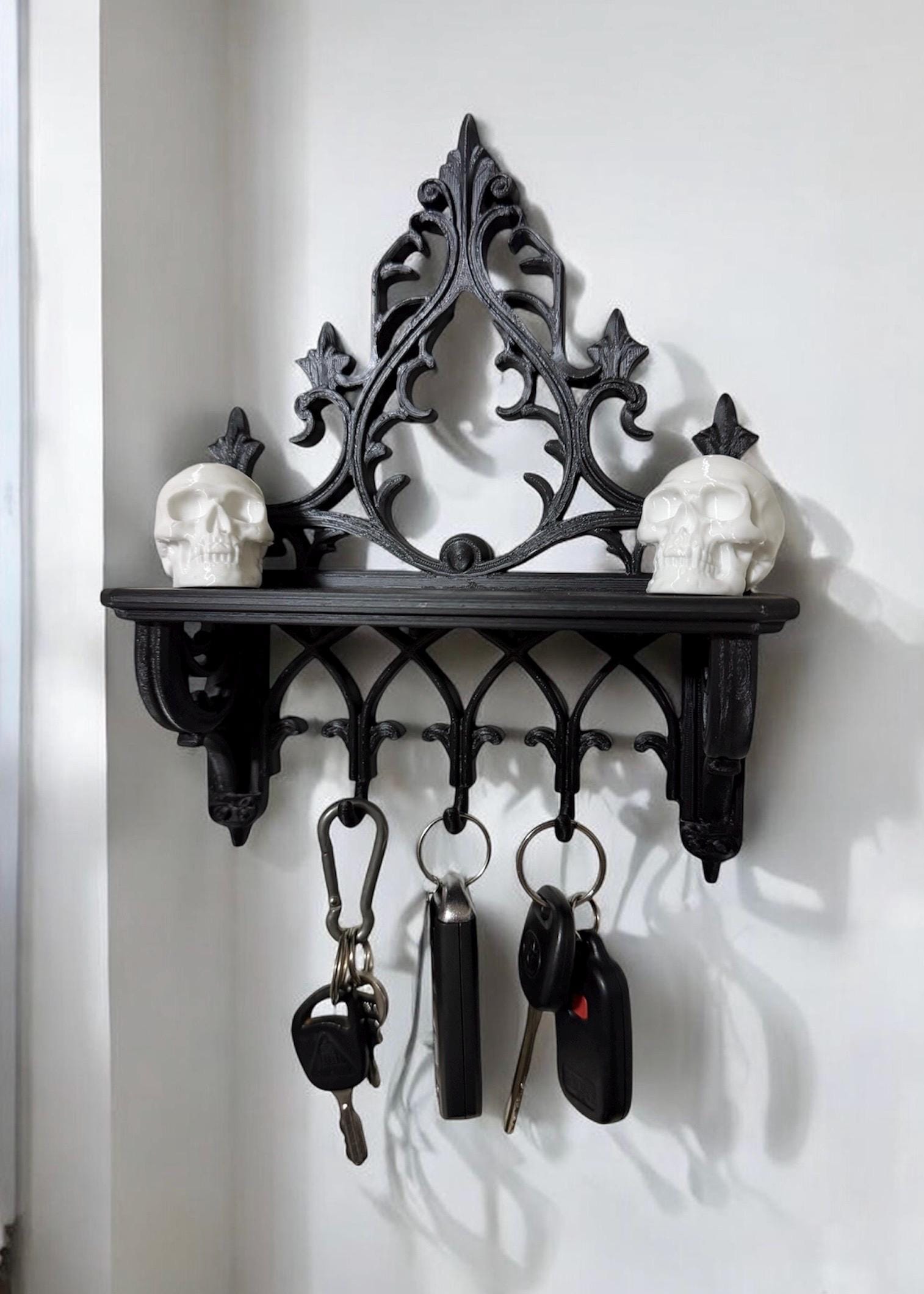 Gothic Wall Shelf with Hooks – Matte Black Entryway Organizer – Key & Pocket Catch-All Shelf, Gothic decor, gothic home decor, gift for her