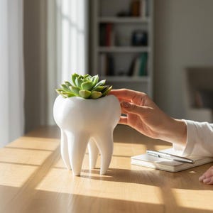 May include: A white ceramic planter shaped like a tooth, holding a green succulent plant. The planter sits on a wooden table, with a person's hand gently touching the plant. The background includes a window and a bookshelf.