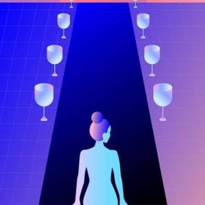 May include: A woman sits on a blue platform with a dark blue path leading to a sunset.  The path is lined with clear glass goblets.