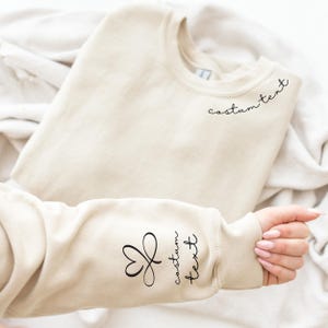 Personalized Minimalist Sweatshirt, Custom Text Hoodie With Names On Neck, Personalized Names Outfit On Sleeve, Customizable Crewneck Gifts