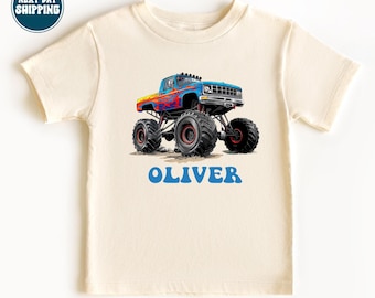 Personalisiertes Monster-Truck-Geburtstagsshirt, T-Shirt mit individuellem Monster-Truck-Namen, Kinder-Truck-Geburtstagsshirt, Party-Outfit für Big-Wheels-Trucks