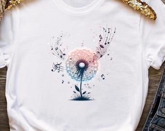 Dandelion Music Shirt, Nature Melody T-Shirt, Wildflower Music Lover Tee, Botanical Graphic Shirt, Gift for Music Lovers, Floral Tee