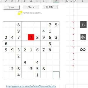 Può includere: Un foglio di calcolo con un puzzle Sudoku parzialmente completato. Il puzzle è etichettato come "Personal Sudoku" e ha pulsanti per "NEW", "Check" e "to PRO". Il foglio di calcolo include anche testo che dice "pro sheet initialization: yes" e "Sudoku generator".