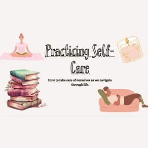Op de afbeelding: Illustratie die zelfzorg promoot. De afbeelding toont een persoon die mediteert, een stapel boeken, een brandende kaars en een persoon die ontspant op een bank. Tekst luidt: "Zelfzorg beoefenen: Hoe we voor onszelf zorgen terwijl we door het leven navigeren."