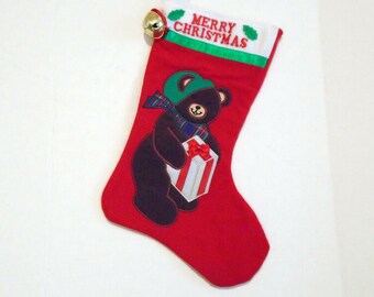 Vintage Christmas Bear Stocking Holiday Stocking Holiday Season Decor Old Vintage Teddy Bear with Gift Design Holiday Christmas  Stocking