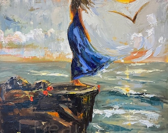 Pintura al óleo original de 18 x 24, paisaje marino con impasto de The Edge, mujer con vestido azul, arte con espátula