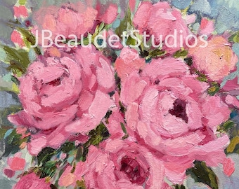 Pink Flowers, Peonies Painting, Printable, Digital Print, Download, J Beaudet, romantic art,impressionist,impasto, oil painting, still life