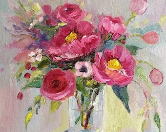 Print of oil painting impressionist floral, flowers, roses , pink peonies, palette knife,expressive ,wildflowers, still life, art, j beaudet