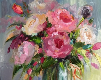 Print of oil painting impressionist floral, flowers, roses , pink peonies, palette knife,expressive ,wildflowers, still life, art, j beaudet