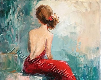 Print of oil painting of glamorous woman in red dress by Jennifer Beaudet