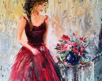 Art print of Original Oil Painting Feminine Romantic Woman Figure Red Roses Impressionist 16"x20" canvas print