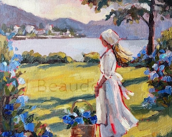 Pintura al óleo original "Flores a la orilla del lago" - 12x12 Impasto por J Beaudet Z