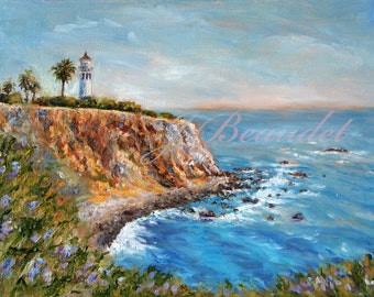 Impresión giclée de pintura original: Vista del faro de Palos Verdes, océano, paisaje marino, Bellas Artes de California