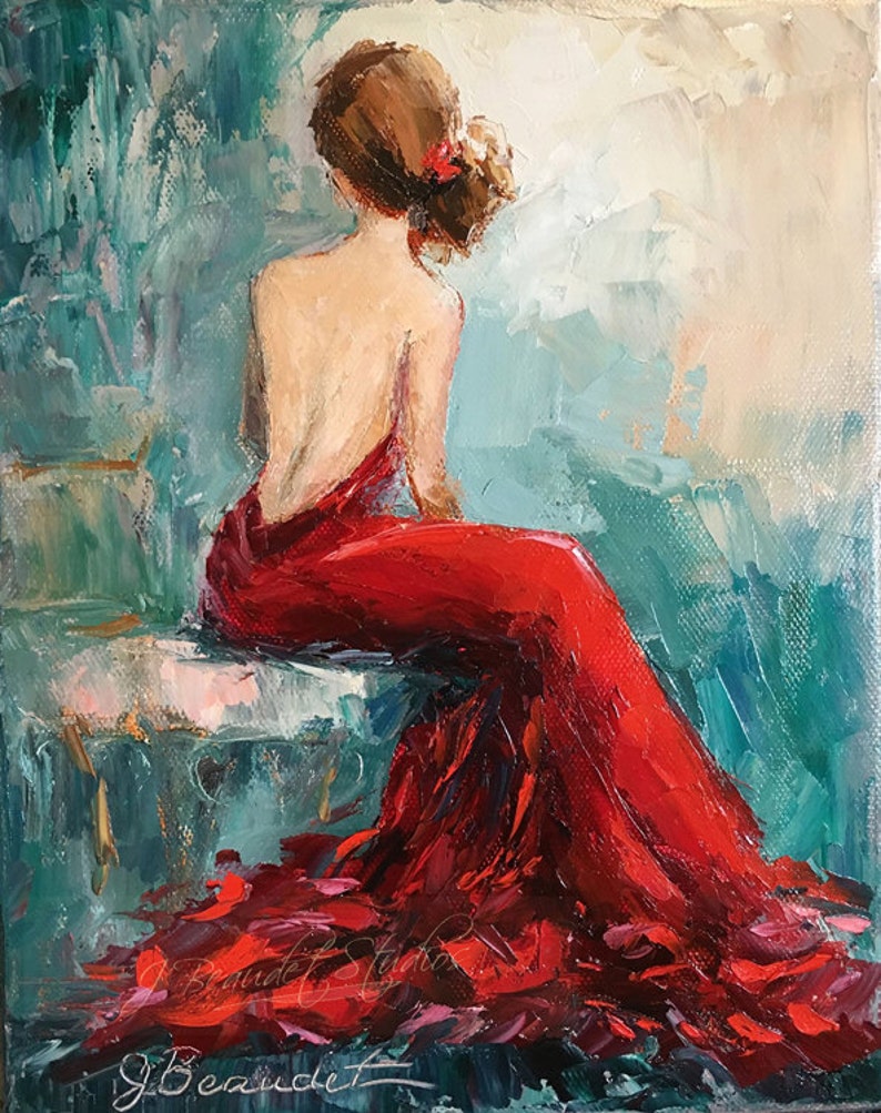 Print of an Original oil painting woman in red dress palette Etsy
