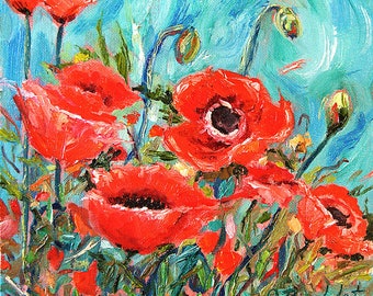 Poppies Print Red Oil Painting Red Flowers Square Palette Knife