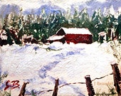 Print of Original Oil Painting landscape snow Impressionist  Christmas art Red and Green
