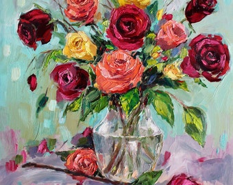Impresión giclée de una rosa colorida: arte floral impresionista moderno (40,6 x 50,8 cm)