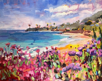 Pintura al óleo de Laguna Beach: Paisaje costero de California, 16x20 pulgadas, arte impresionista.