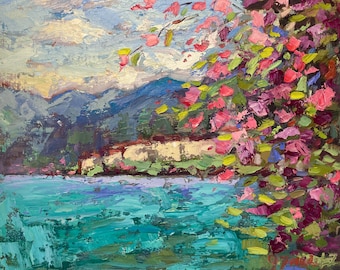 Pintura al óleo del lago de Como: Bellagio, paisaje italiano, arte con espátula