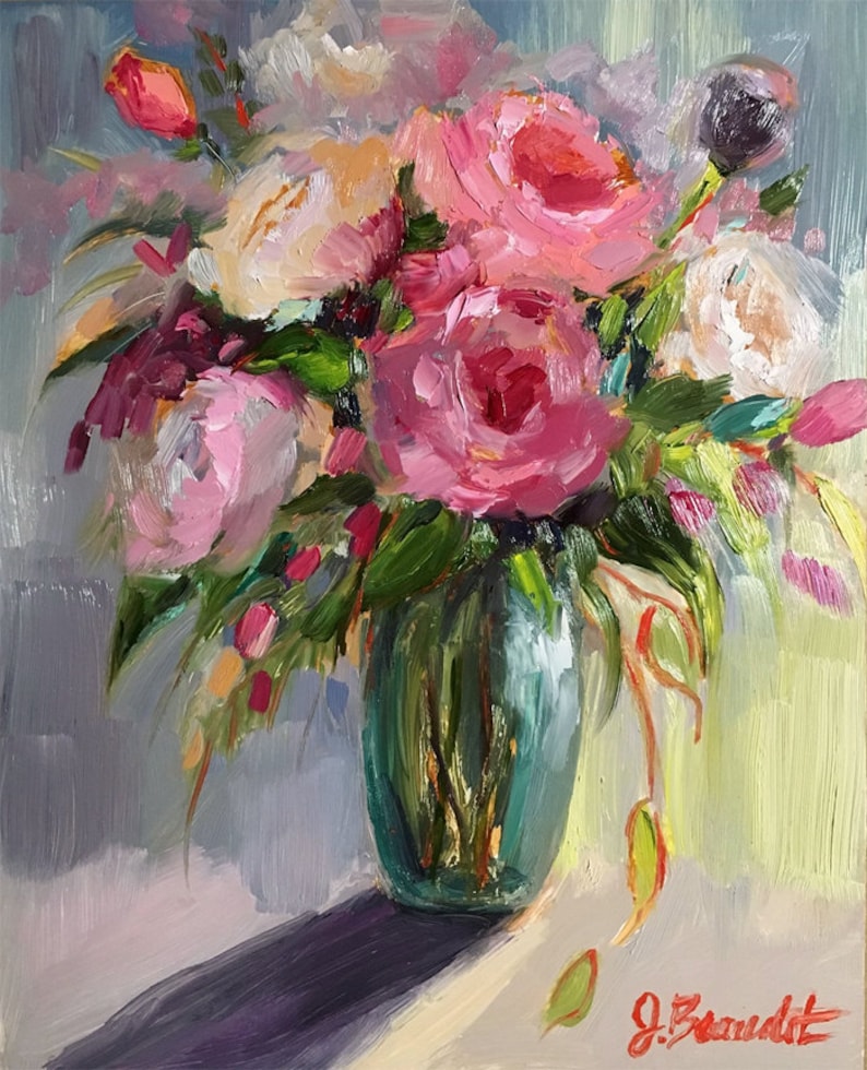 Print of Oil Painting Impressionist Floral, Flowers, Roses , Pink