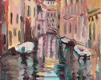 Pintura al óleo "Impresión de Venecia", arte arquitectónico de los canales italianos, lienzo de 8x10 pulgadas.