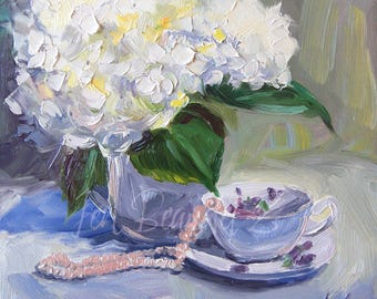 Impresión artística Giclée de pintura impresionista de flores y hortensias blancas, decoración de pared