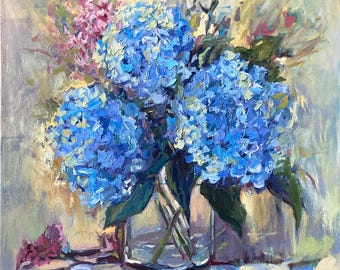 Pintura al óleo original: Hortensia azul en jarrón - Impresionismo californiano