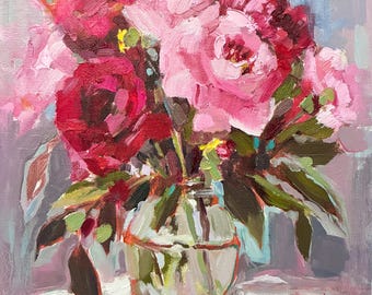 Pintura al óleo impresionista de rosas rosadas, bodegón floral estilo cottagecore, 20x20 cm