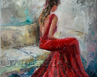 Fine Art Giclee Print of Original Impressionist oil Painting Abstract Figure Woman Red Dress 8x10