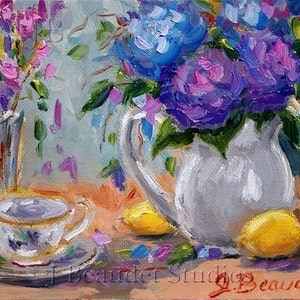 Print  of  Original Oil Painting Floral  Impressionist Lemons and Purple Hydrangea