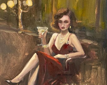 Una aceituna – Pintura al óleo original / Escena de bar vintage / Mujer con martini