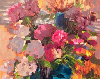 Pintura al óleo original de hortensias impresionistas coloridas - Arte original de California de J Beaudet Z