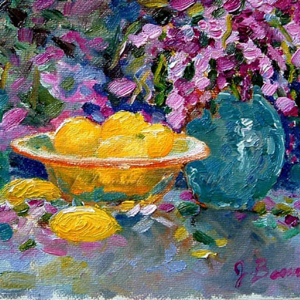 Art Print  of Oil Painting Impressionist Lemons and Lilacs 8x10 print  by J Beaudet