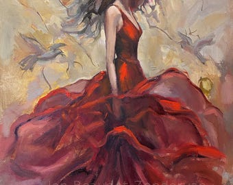 Sin consolidar: pintura al óleo original de 45 x 60 cm sobre lienzo envuelto en galería, arte mural femenino y audaz.