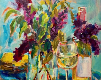 Pintura acrílica original de lilas y limones, 16x20 pulgadas, arte mural impresionista.