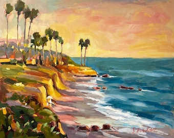 Pintura al óleo original de Laguna Beach Sunset, impresionista, escena costera de Jen Beaudet Z