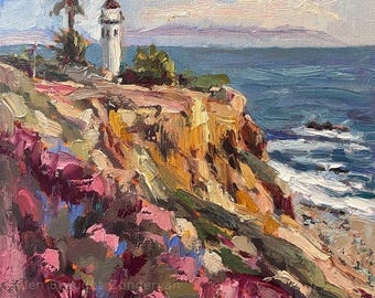 Faro de Punta Vicente, pintura al óleo, impresionismo costero californiano, paisaje marino con espátula de 8x8