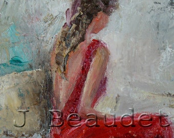 Mujer impresionista con vestido rojo: Impresión Giclée de Bellas Artes 8x10
