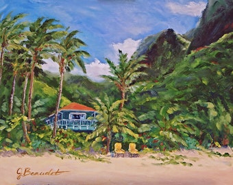 Impresión artística de Kauai, Hawái: Playa tropical, pintura de paisaje costero