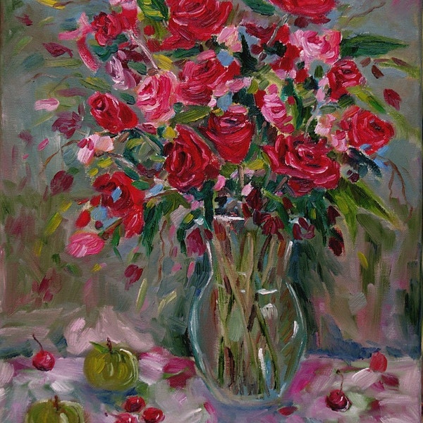 Fine Art Giclee Print of oil painting of Red Roses with Cherries in  a Modern Impressionism loose style with brushstrokes