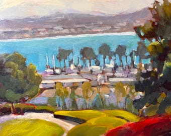 Pintura acrílica del puerto de Dana Point, arte costero de California, 30,5 x 30,5 cm