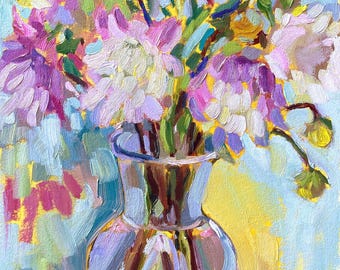 Pintura al óleo original de dalias impresionistas coloridas - Arte de Jen Beaudet Z de California