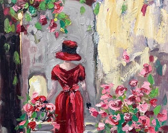 Pintura al óleo de una escena callejera italiana: Mujer con vestido rojo, San Remo Art
