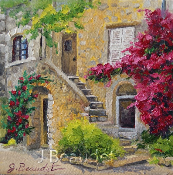 Giclee Print of Oil Painting Palette KNIFE French Door IMPRESSIONIST  Architecture French Country Bougainvillea 