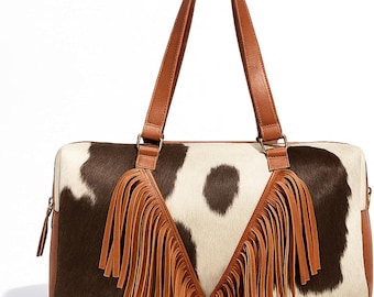 Hair-On Cowhide Leather Duffel Bag: Boho Fringe Weekender